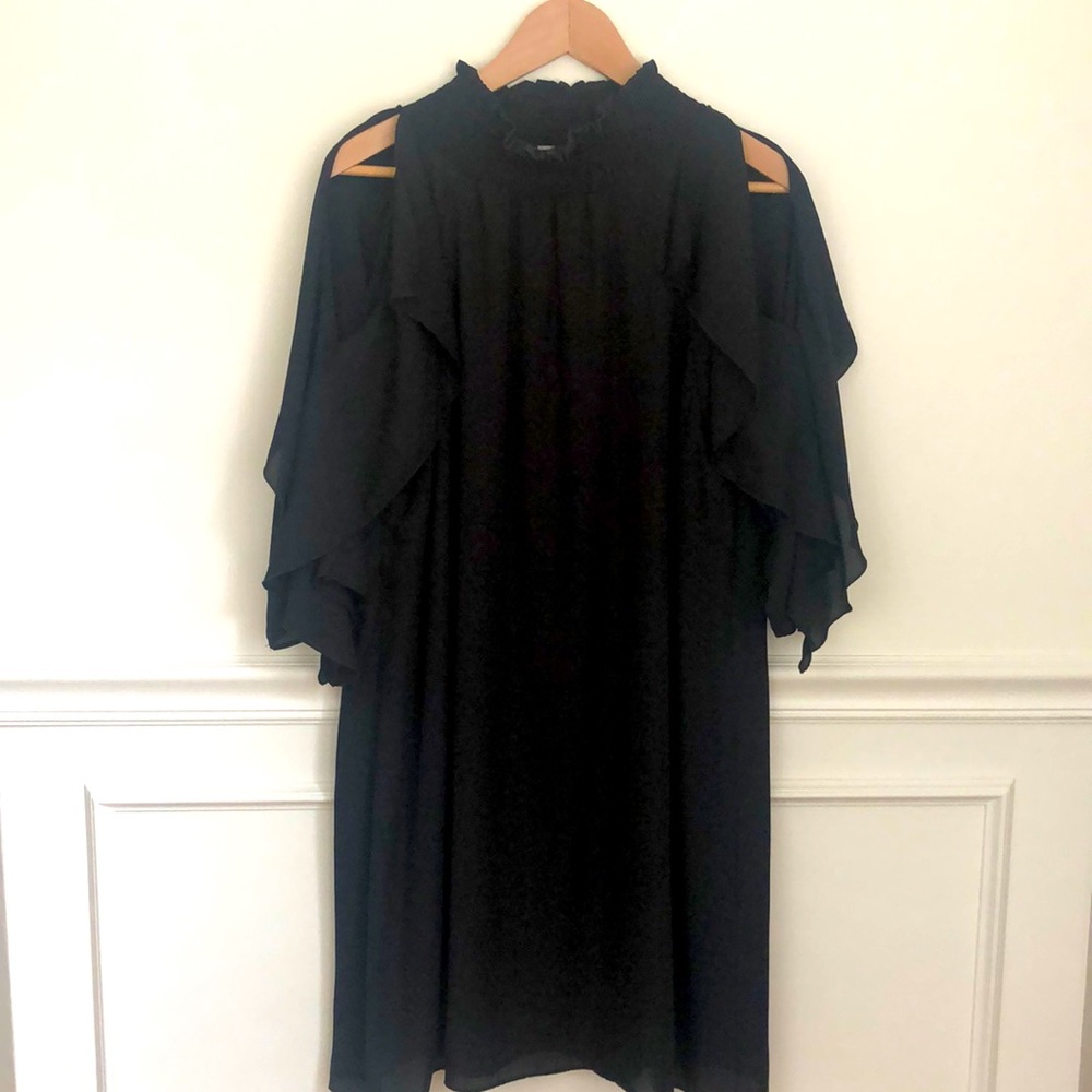 Carole Christian black open shouldered evening dress with smocked neckline